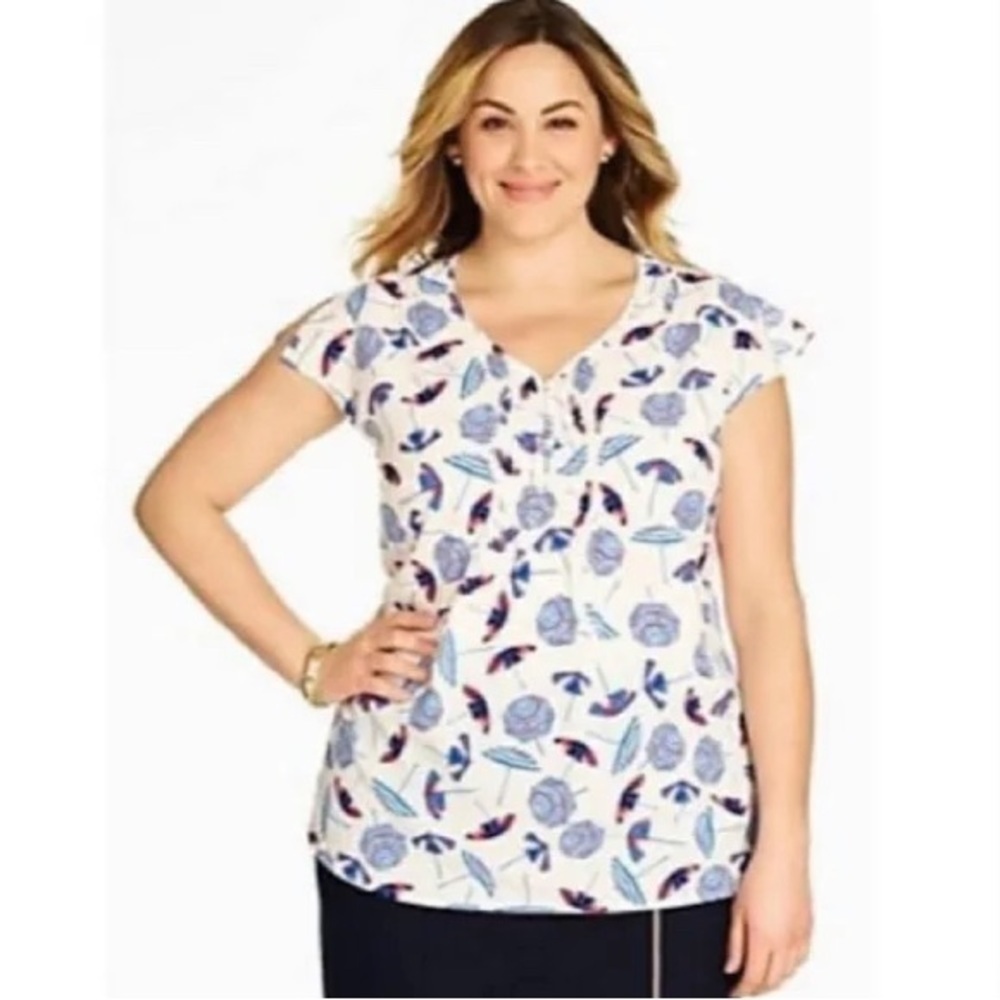 Talbots Plus Umbrella Print Flutter Sleeve Blouse Coastal Summer Top 2X